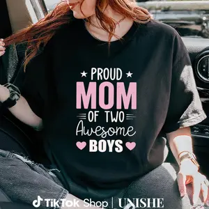 Trendy Comfortable Women’s Tee – Proud Mom of Two Boys, Pink Geometric Art