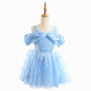 Girls’ Light Blue Sequined Puffy Skirt, Off-Shoulder Bow Ballet Dance Performance Outfit