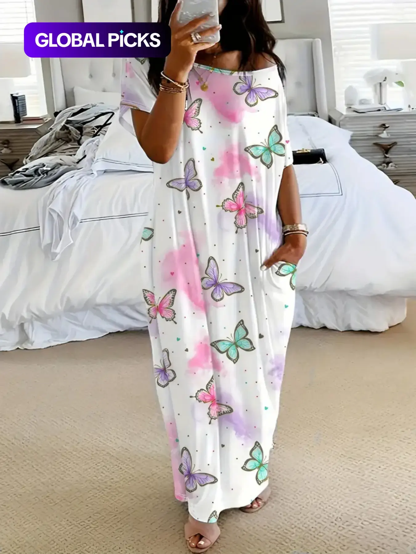 Women's Tie-Dye Butterfly Heart Print Nightgown Sleepwear, Round Neck Loose Fit with Pockets, Comfortable Soft Sleep Dress, Nightwear Loungewear, Nightdress Sleepwear for All Seasons