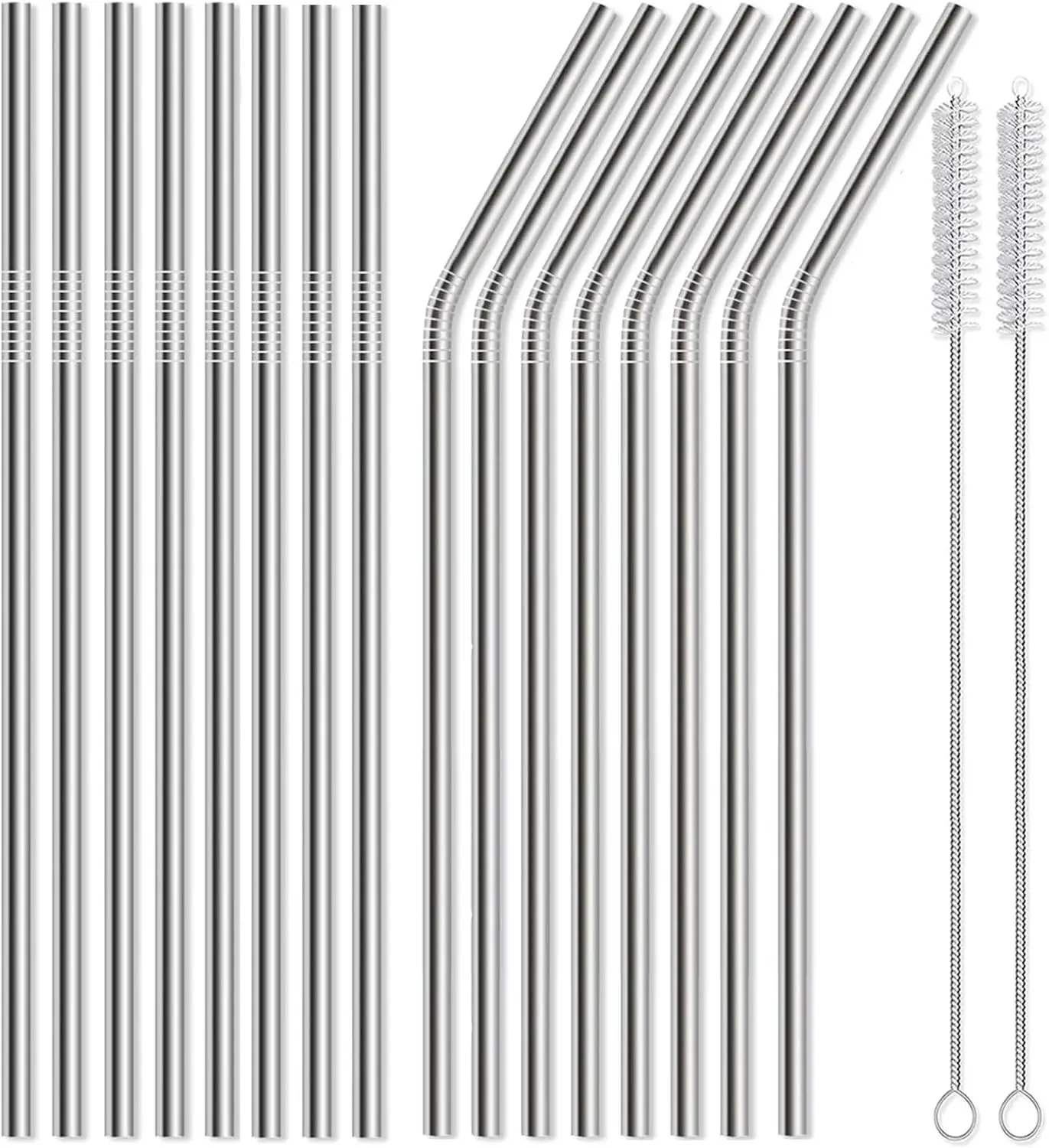 Unisex 16-Pack Reusable Stainless Steel Drinking Straw Set - 8 Straight, 8 Bent 8.5in Bar Utensils, 2 Cleaning Brushes (Cleaning Tool), Dishwasher Safe Family Kitchenware Home Bar Accessories