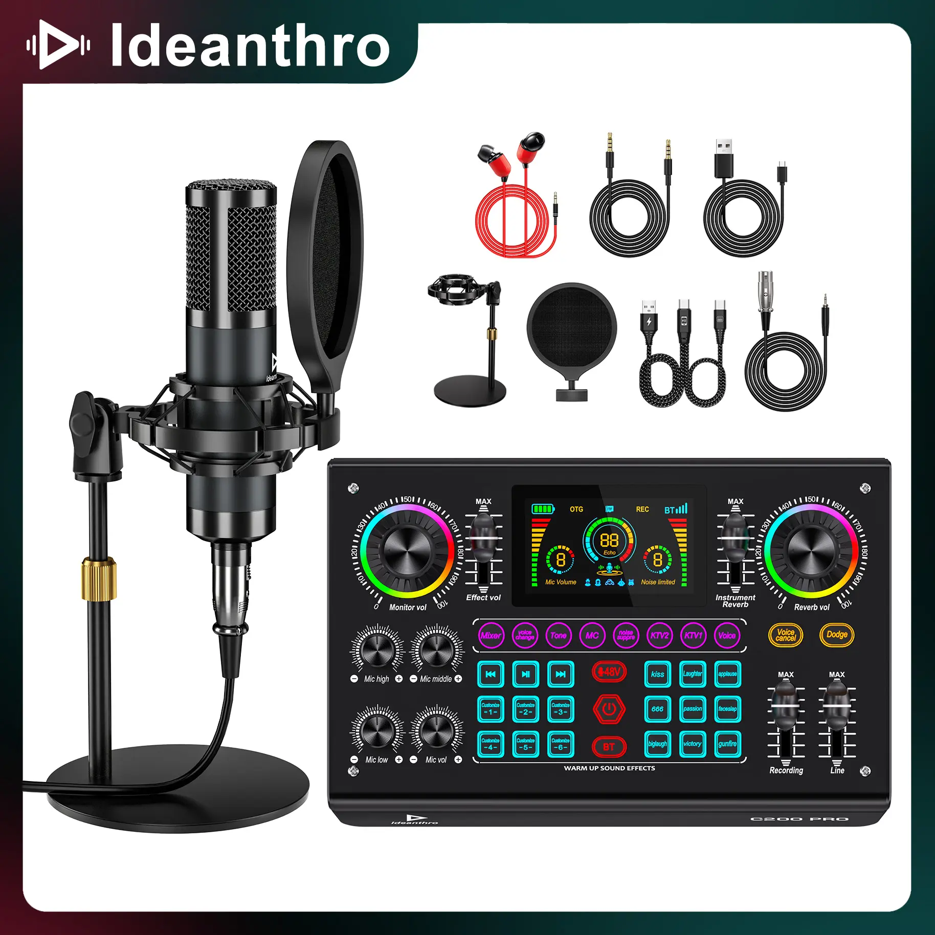 2026 New C200PRO-P15 USB Audio Mixer Soundcard, 48V Digital Sound Card with Dual DSP Chips, High Sampling Rate, Custom Effects, Sing-Along & Instrument Support, Reverb, Digital Display, Mute Function, RGB Lights (TikTok Shop Black Friday), 48V Phantom Pow
