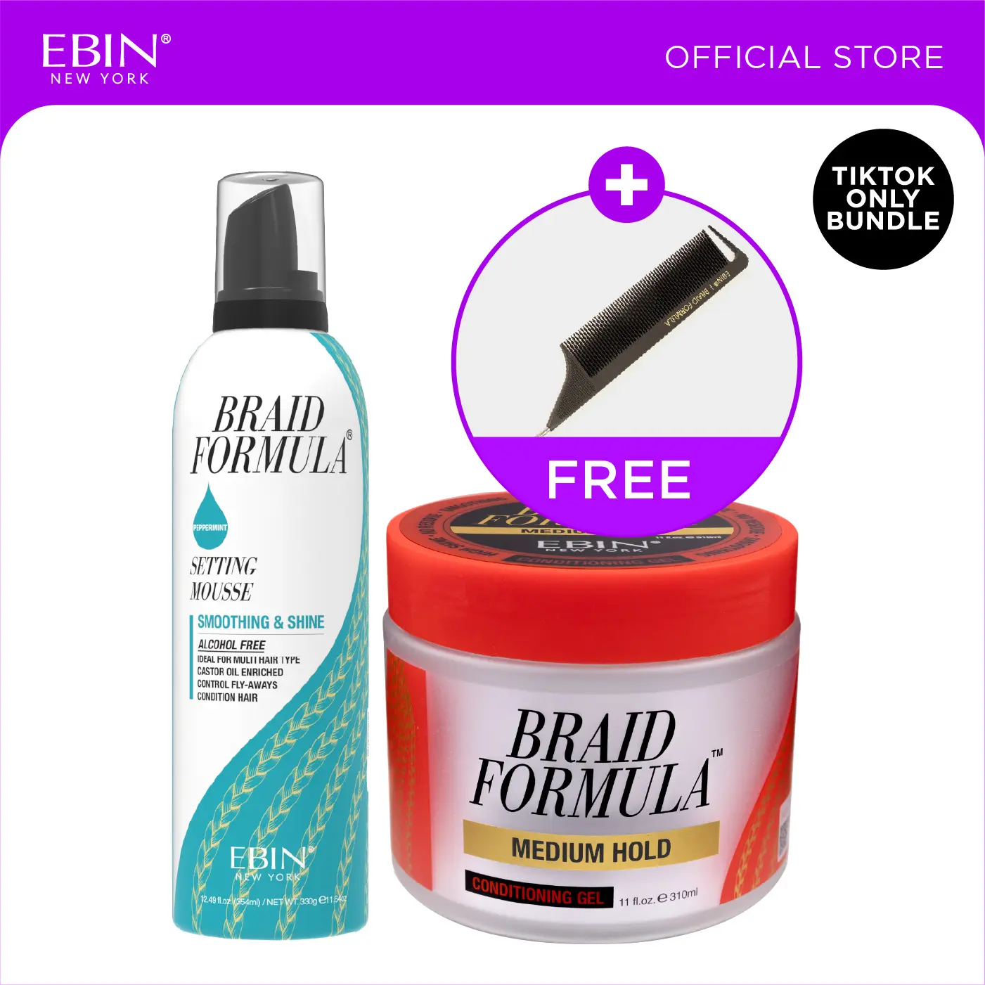 EBIN Braid Formula Conditioning Gel + Setting Mousse Bundle with FREE Pintail Parting Carbon Comb | Braiding Gel & Mousse for Knotless Braids, Twists & Locs, Clean Parts, Frizz Control, Strong Hold, Smooth Finish & High Shine