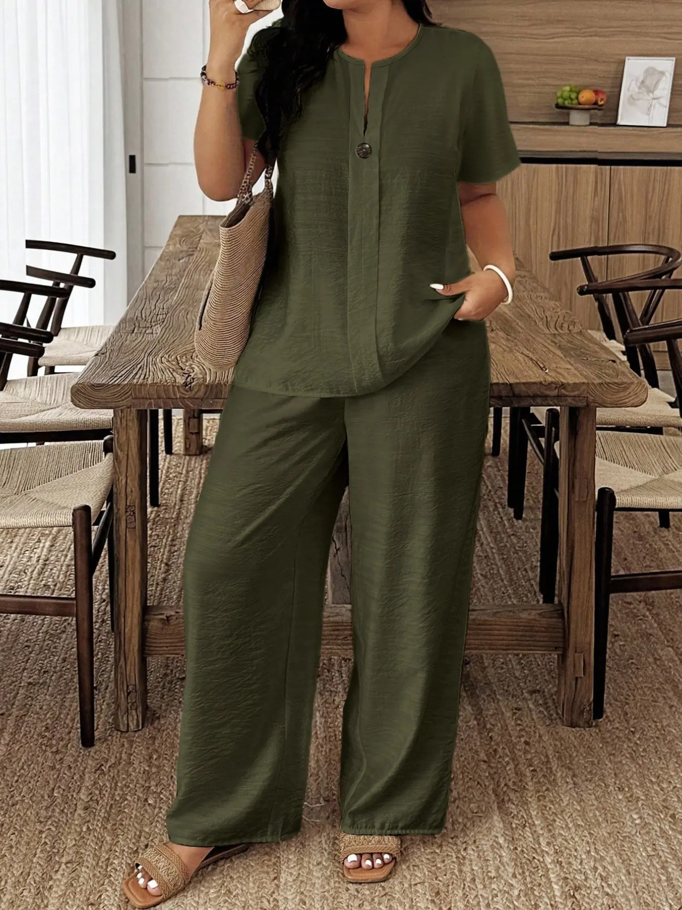 Spring & Summer New Plus Size Women's Basic Casual Fit Solid Long Sleeve Shirt & Loose Baggy Pants Set for Vacation & Daily Wear