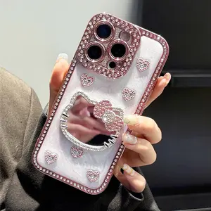 Cute Case 3D Bow Fashion Case design with Crystal and Mini Face Makeup Mirror for Girls Women for  For iPhone 17Pro Max cases 16 15 14 13Pro Max