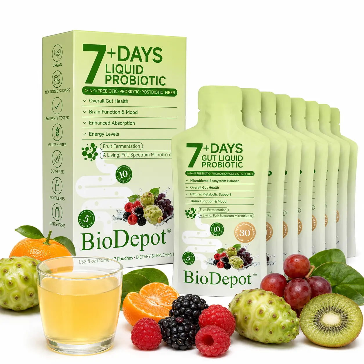 BioDepot Synbiotic Liquid Probiotic+Prebiotic Dietary Supplement, 7-Day Daily Wellness Drink with Fruit, Botanical & Raspberry Fiber Blend, Sugar-Free, Vegan Fermented Gut Health Support Supplement,travel essentials