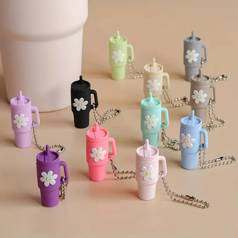 11-Pc Cute Mini Cup Keychain Set - Soft Silicone Flower Motif, Aluminum Alloy Chain, PP Material, Unisex Collectibles for DIY Jewelry Making, Mini Gifts