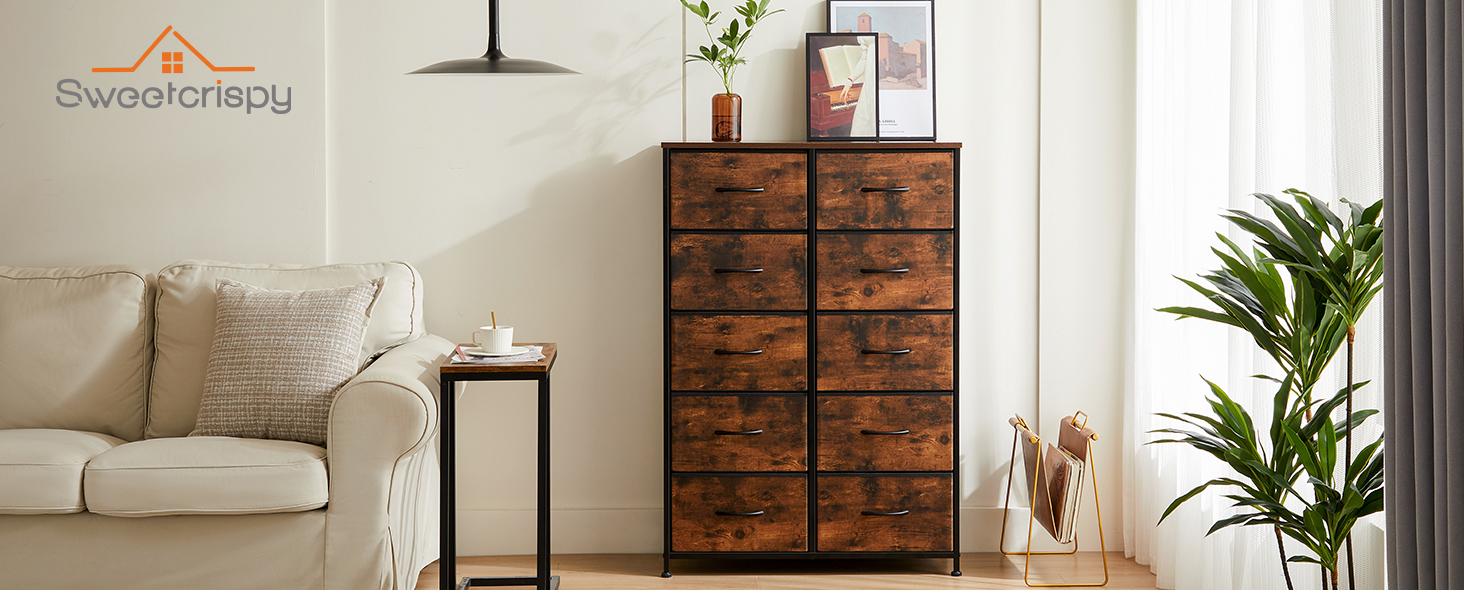 Tall Dresser for Bedroom with 10 Fabric Drawers, Organizer Units for Closet, Storage Tower with Cabinet, Metal Frame, Rustic Brown Wood Grain Print Dressers