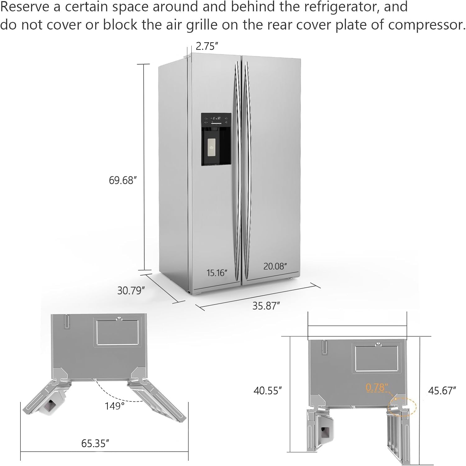 COWSAR 20 Cu.ft. Large Refrigerator Fridge, 2 French Door Stainless Steel with Water Dispensor, Ice Maker for the Kitchen, Home