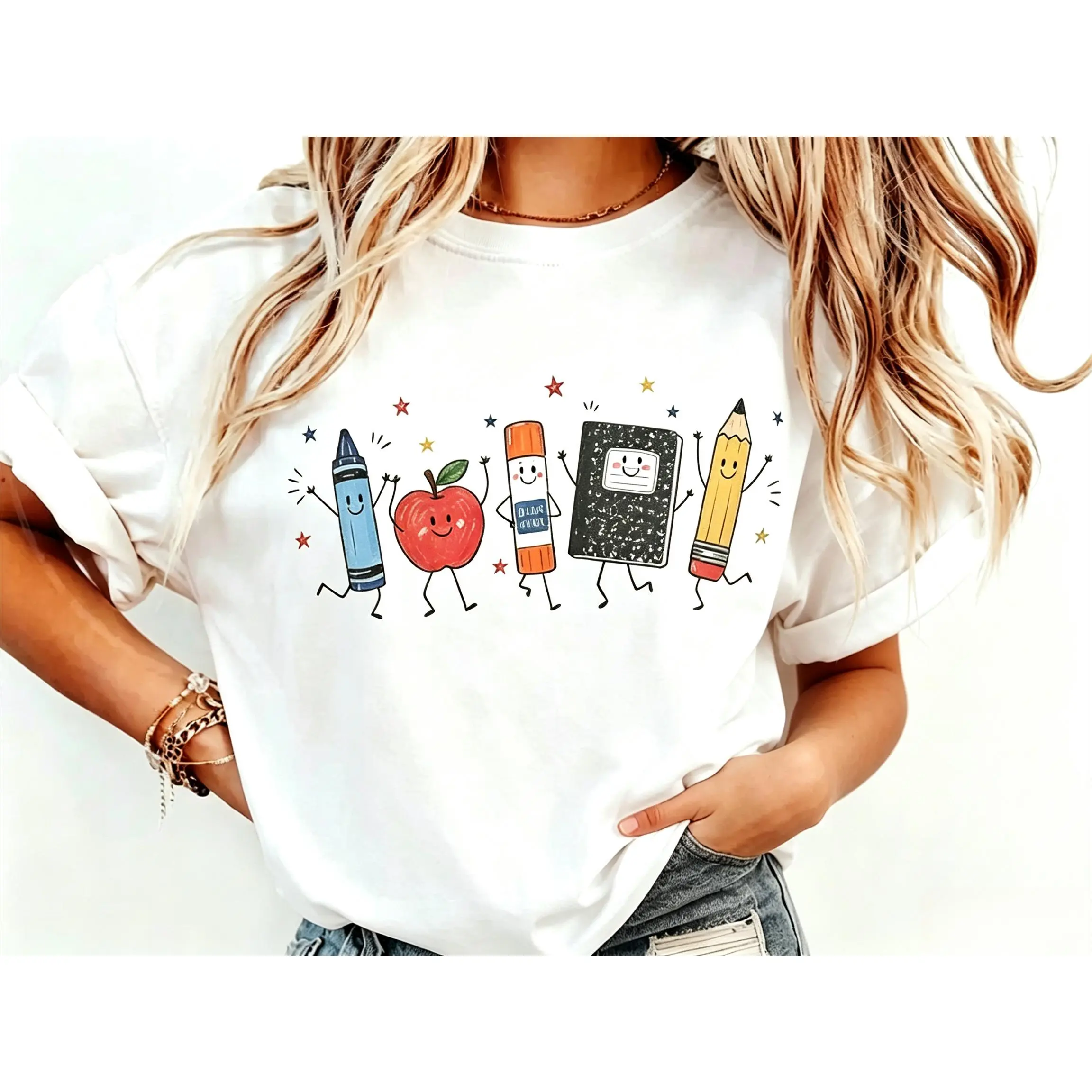 Back-to-school shirts pure cotton Cute School Supplies Comfortable shirt Graphic Tee, Aesthetic Back To School Spirit Shirt, Radiant Teacher Crayon Apple Pencil Notebook Top, Thoughtful Classroom Sublimation Gift Boutique Heritage Apparel summerwins