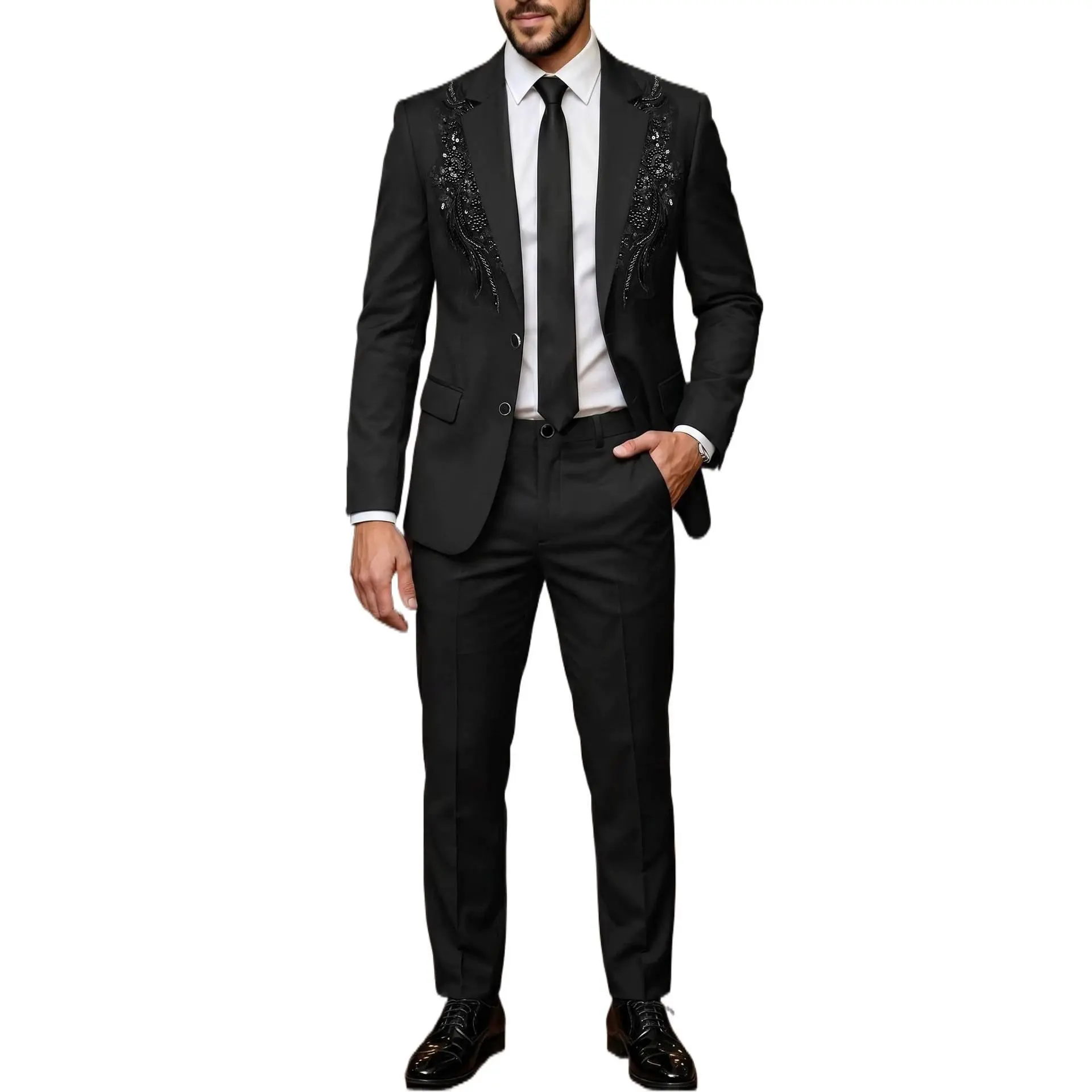 Men’s Black Sequin 2-Piece Suit Set - 2-Button Notch Lapel Blazer, Matching Pants, Light Business Formal Wear for Wedding, Banquet (S-2XL)