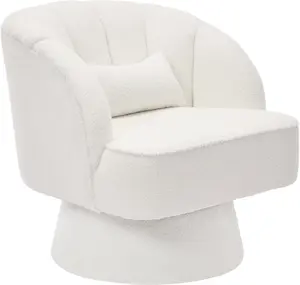 Beige Modern Swivel Vanity Chair with Pillow, Mid-Back Teddy Barrel Accent Chair 360° Upholstered Armchair Makeup Vanity Chair with Arm Support for Living Room Bedroom Reading Nook