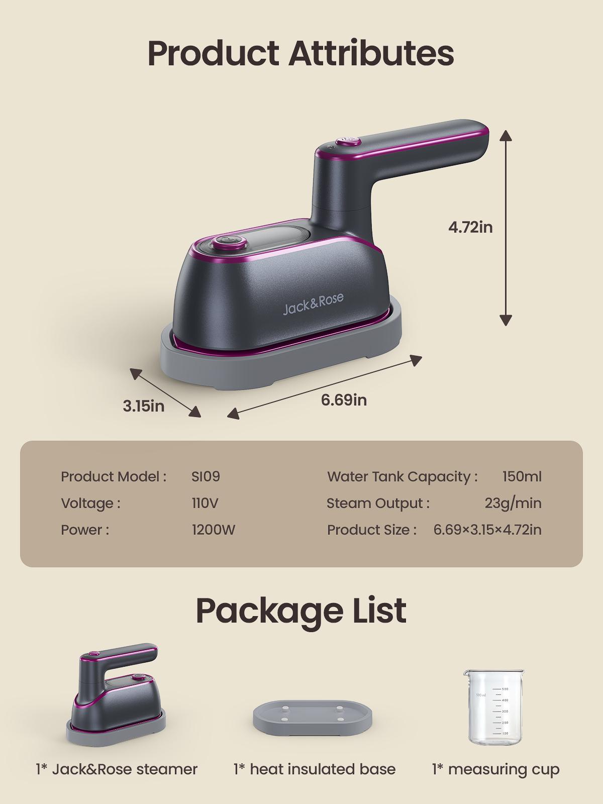 Jack&Rose 2-in-1 Steam Iron & Clothes Steamer - Handheld Portable Garment Wrinkle Remover, Fast Heat-Up, Large Soleplate, 150ml Water Tank - Lightweight for Home, Travel, Summervibes