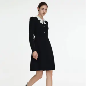 Tencel Wool Blend Color Block Collar Women Knit Mini Dress