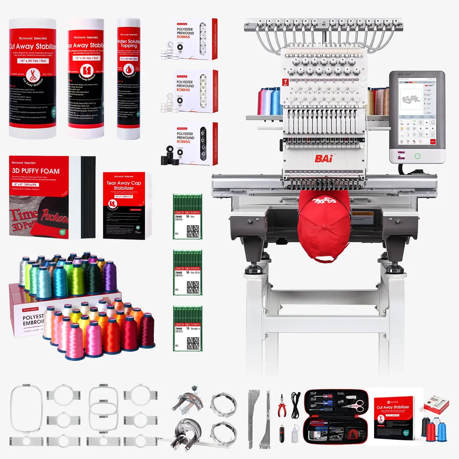 BAI THE MIRROR Multi-Needle Commercial Embroidery Machine - 350x500 mm, Beginner-Friendly, with Wheels, Handrail, Aluminum Frame, Multiple Hoops, Stabilizer, Bobbins, High Speed, Ideal for Holiday Gift Embroidery Projects, Hat & Patch