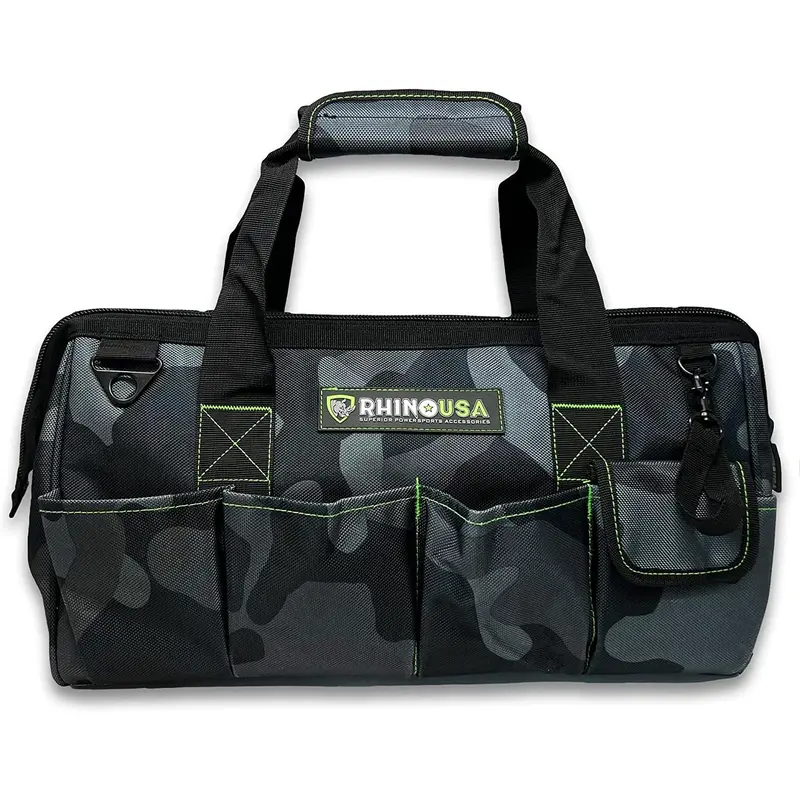Rhino USA Heavy Duty Tool Bag Wide Mouth Tool Tote with Zipper, Large Tool Bag with Extra Side Storage Pockets, Reinforced Shoulder Strap & Metal Clips