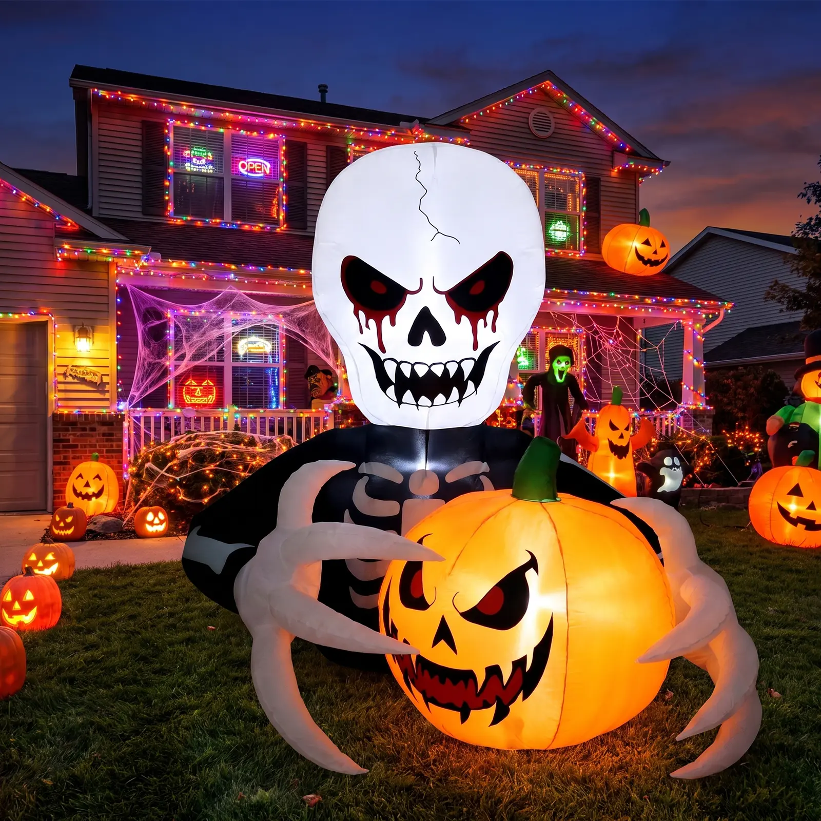 Gardwin 7ft Spooky Skull Pumpkin Outdoor Inflatable Decoration - Built-in LED Lights, Fixing Nails, Ropes, Storage Bag Included - Ideal for Family Garden, Lawn Halloween Displays