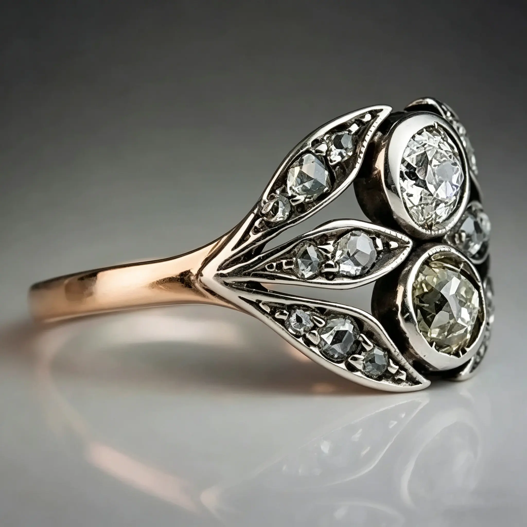 Edwardian-Style Vintage Court Ring for Women - Old European Cut, Exquisite Openwork Leaf Design, Large Synthetic Zirconia Engagement & Gift Costume Jewelry