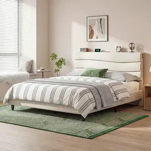 【The First Best Bed For Teens】Raybee Queen Size Bed Frame Upholstered Headboard Height Adjustable Wavy Line Top Storage Shelf & USB Type-C Charging Noise-Free,Easy Assemble & Clean,Qeen Beige,Cream,Gray,King,Full