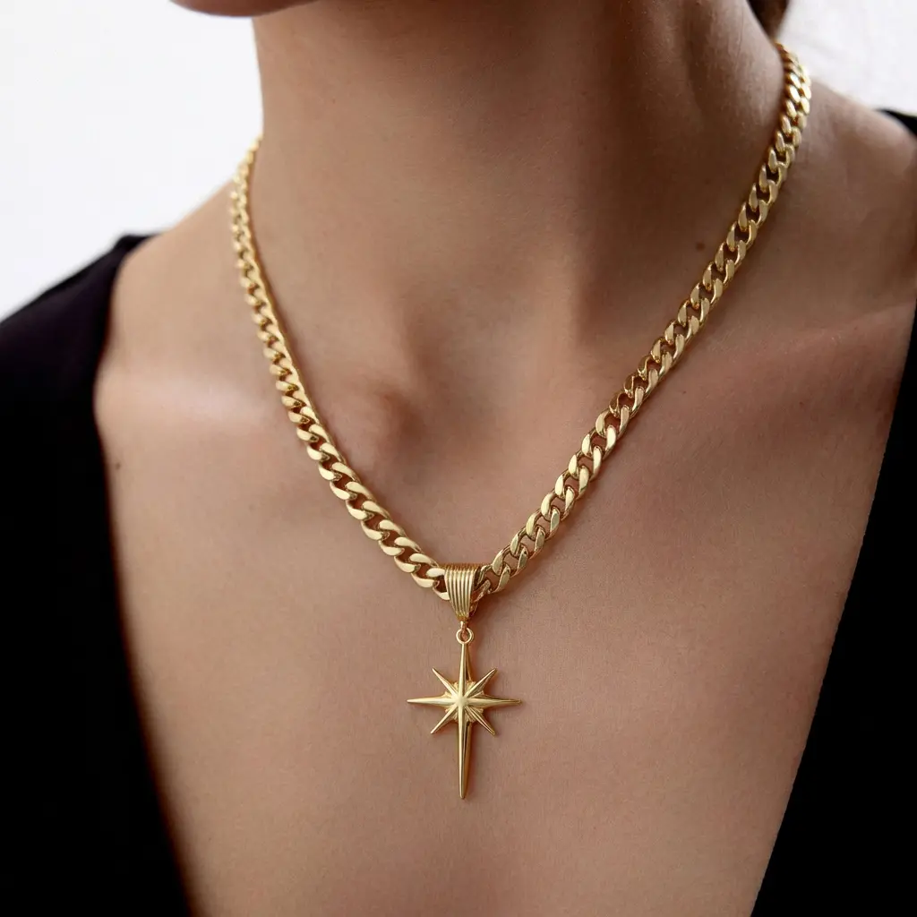 Tewiky Women's Gold Flat Cuban Link Chain Necklace with 8-Point Star Pendant, Y2K Trendy Statement Jewelry for Daily Wear, Unique Gifts for Valentine's Day