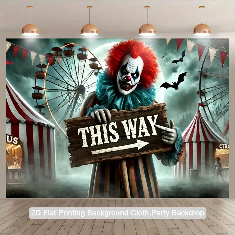 Colorful Polyester Horror Clown Party Backdrop - Spooky Circus Themed Banner with Ferris Wheel, Bats, Geometric Elements, Festive Decoration for Halloween, Anniversary Ceremony Bonfire Events, Party Backdrop Anniversary Gifts (2D Flat Printing), Spooky Th