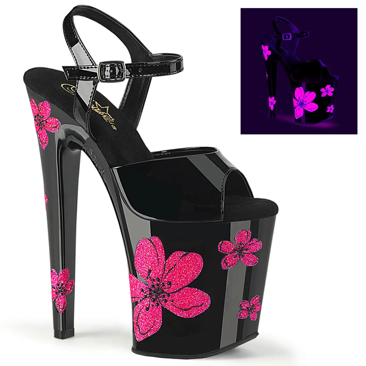 Pleaser Women's 8-in High Heel Ankle Strap Sandals, UV Blacklight Reactive Pink Glitter Hibiscus Flower Print Platform, Unique Shoes with Bold Design, Pleaser Heels for Party Statement Shoes