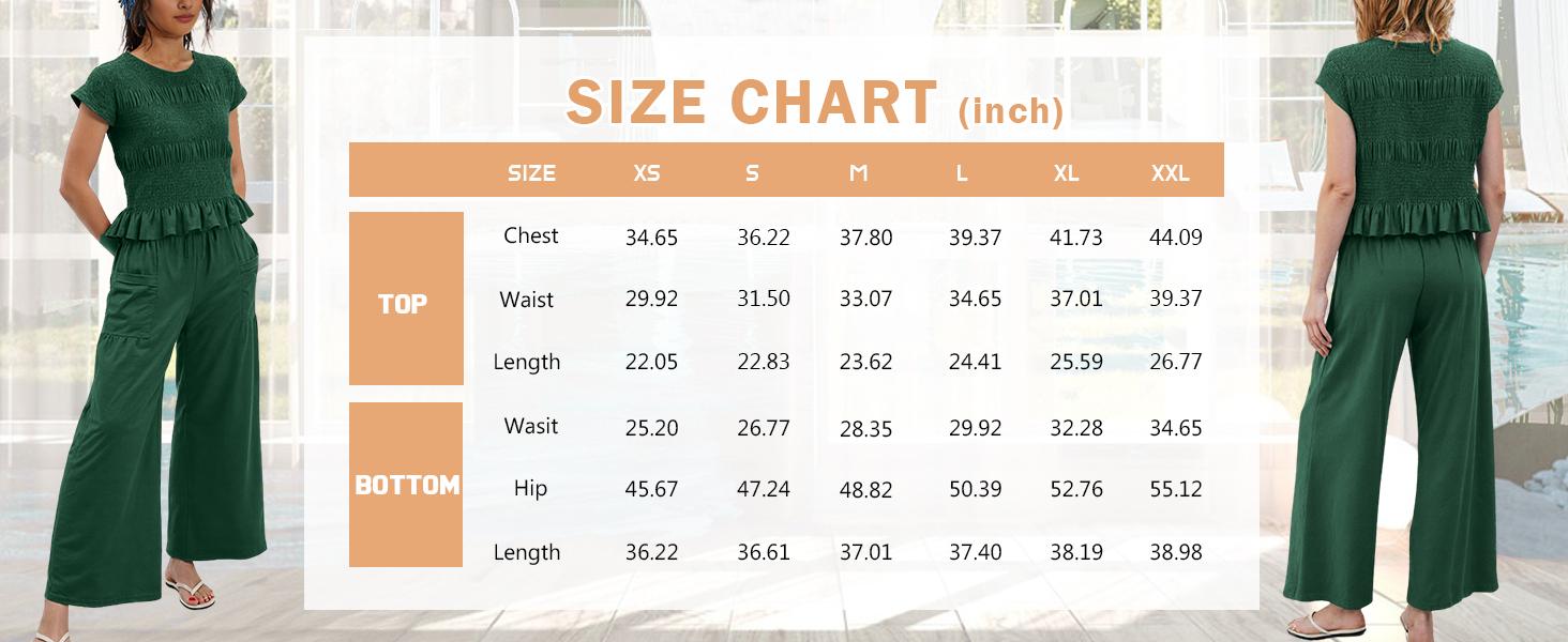 UANEO Women’s 2-Piece Smocked Top & Wide-Leg Pants Set–High-Waisted Lounge Outfit with Pockets Casual Boho Matching Set