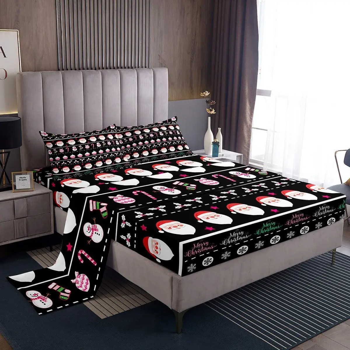 Merry Christmas Decorative Bed Sheets Sets Xmas Cartoon Santa Claus Snowmen Fitted Sheet Deep Pockets Winter New Year Bedding Set Gifts for Kids Boys Girls