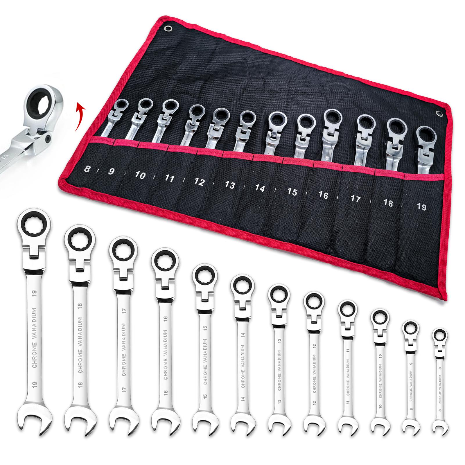 Ratcheting Wrench Set Flex Head, 12 Piece Metric Combination Ratchet Wrench kit, 8mm - 19mm Chrome Vanadium Steel Wrenches,Gift