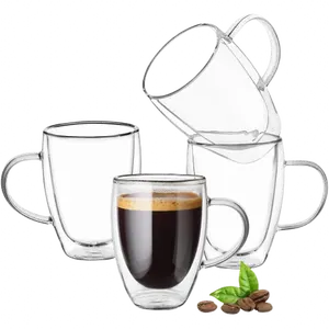 Double Wall Glass Mug - 12oz Coffee/Tea and Hot/Cold Drinkware- 4 Piece Beverage Set Tumbler Cup Washable Reusable
