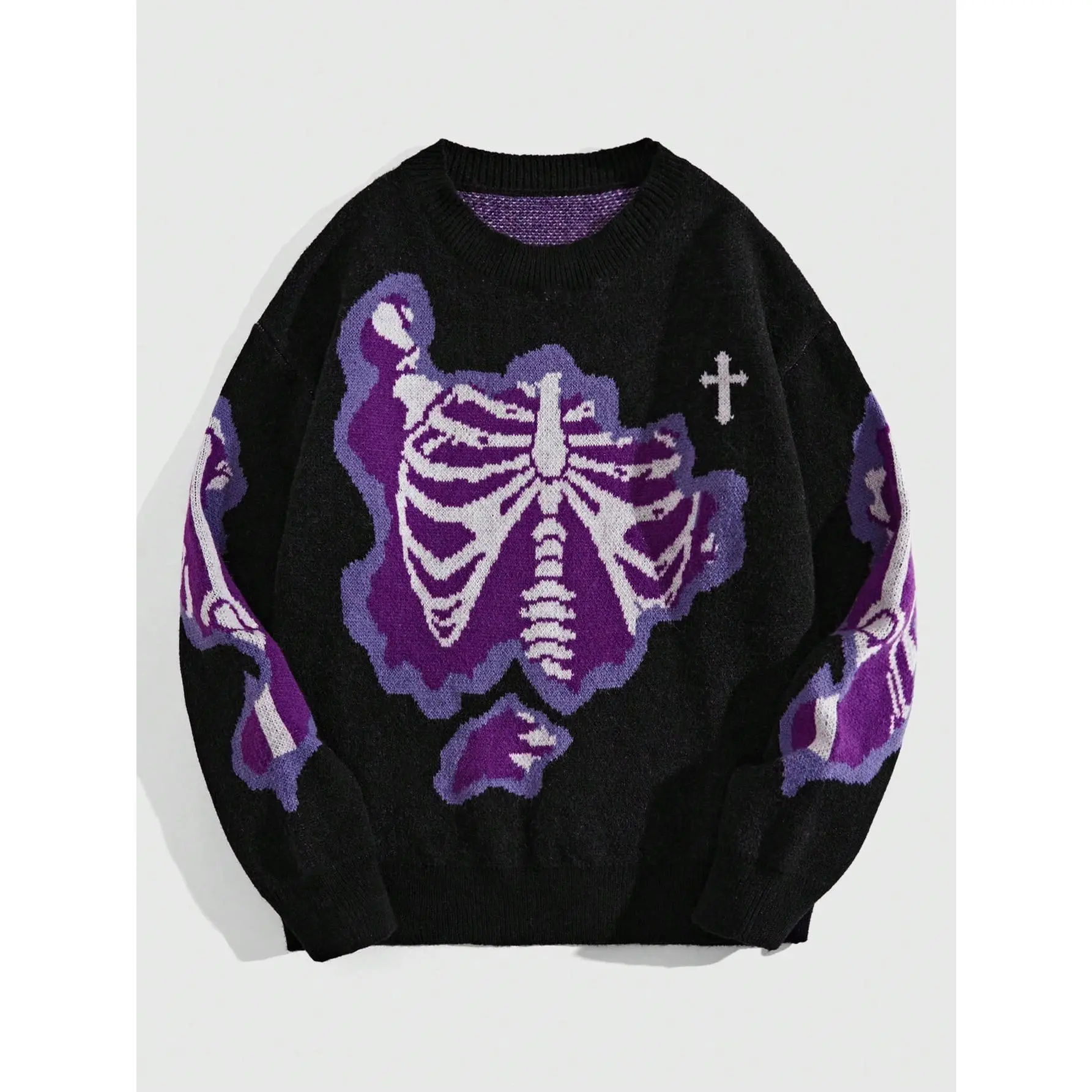 Men's Y2K Sweater Grunge Skull Graphic Long Sleeve Crewneck Knit Jumper Pullover Goth Alternative Sweaters