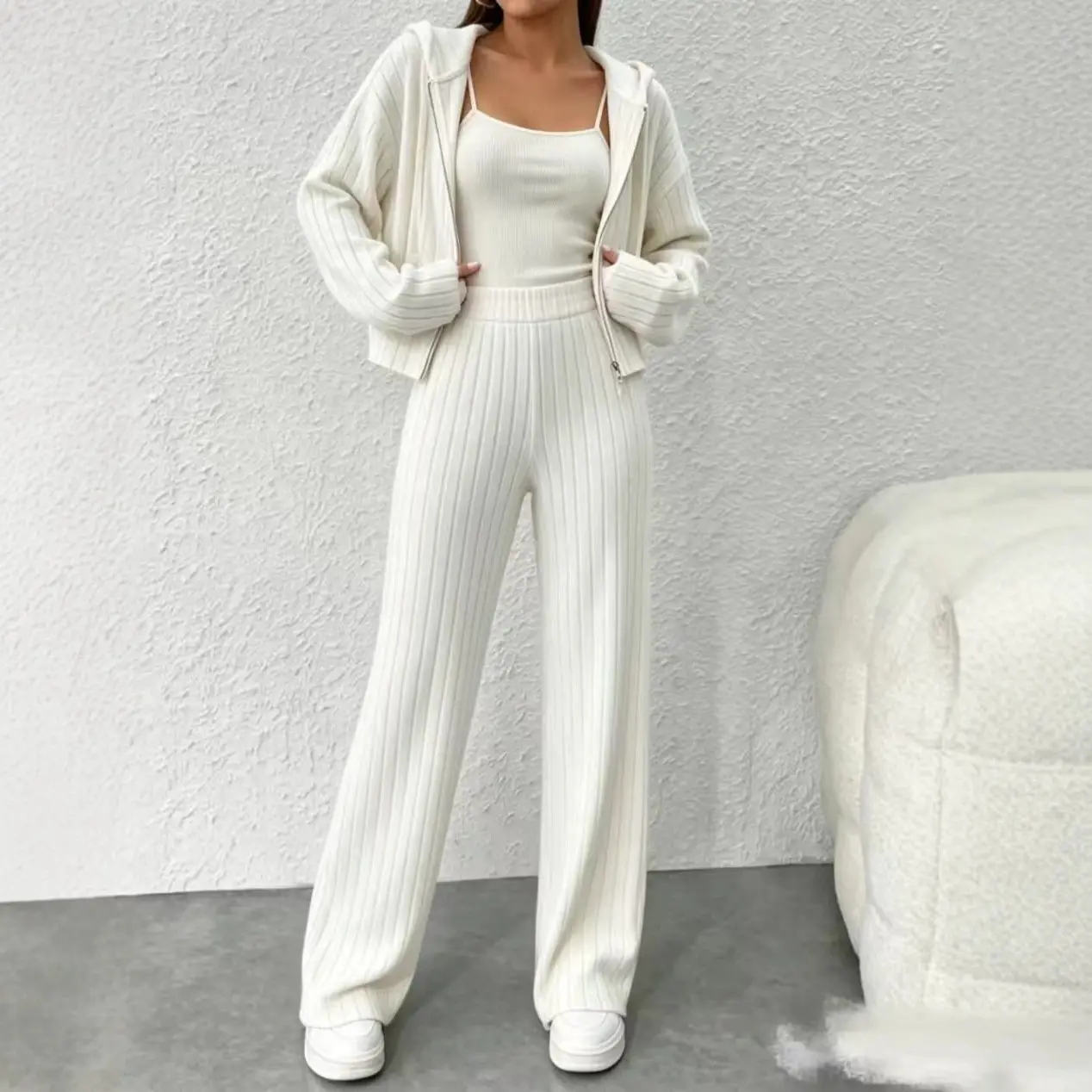 SHEIN Fashion Casual Knit Long-Sleeve Set: Zip-Up Top & Loose Trousers Two-Piece Set