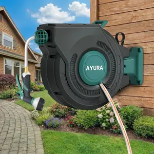 Ayura Retractable Garden Hose Reel , a 100ft extended water hose, heavy-duty reinforced structure, supports locking at any length,  an 8-pattern adjustable nozzle, 180° swivel wall-mounted bracket, automatic rewind and slow return system.