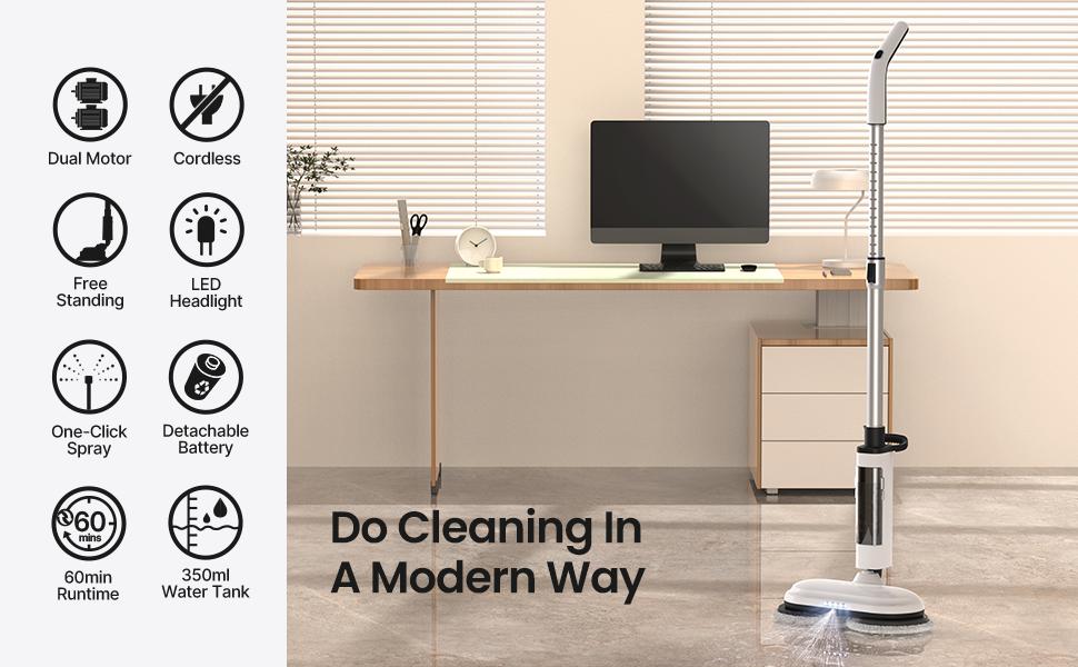 iDOO Cordless Electric Spin Mop with LED Headlight, Water Spray, 150min Runtime, Removable Battery & Large Tank,Home Floor Cleaning Machine