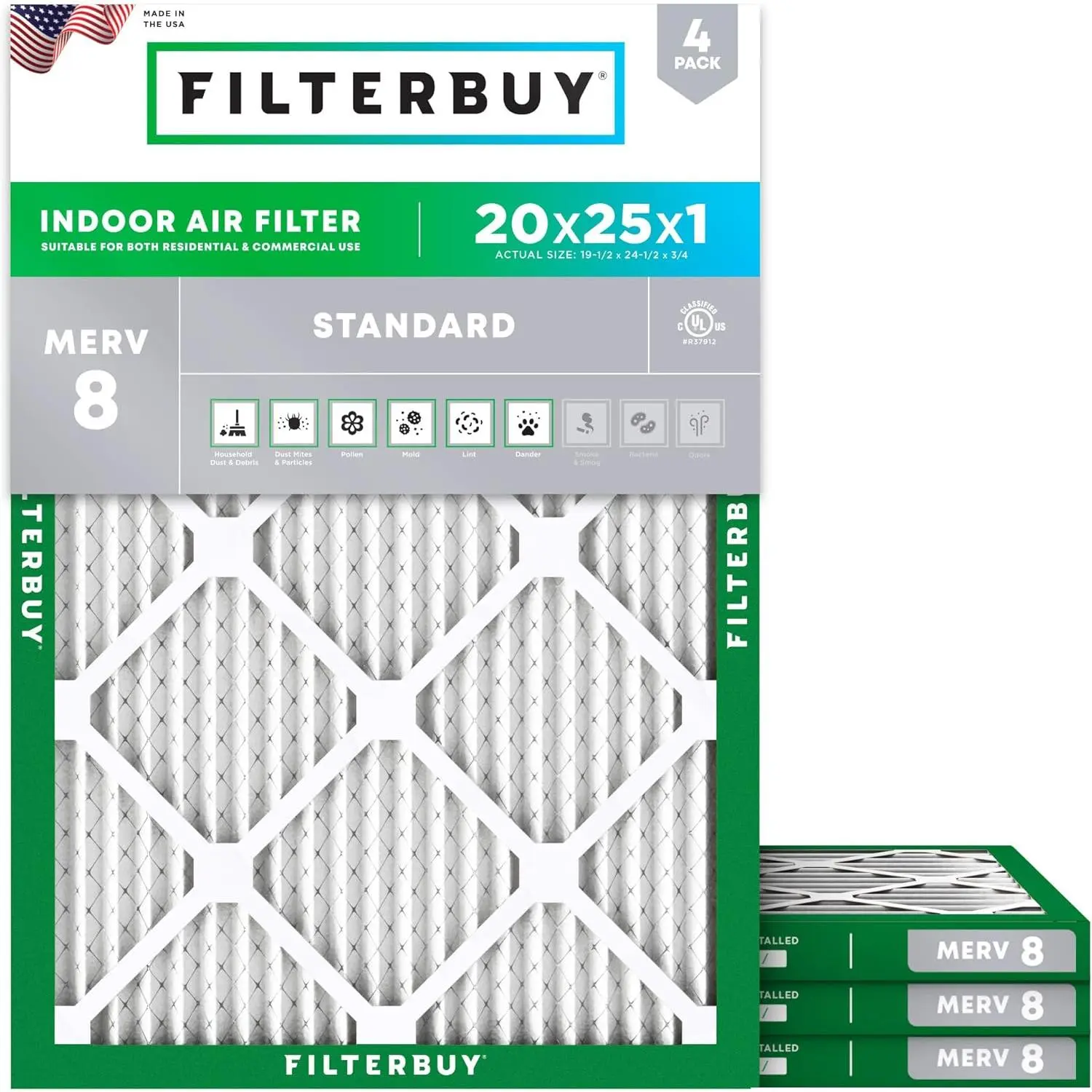 Filterbuy New Recyclable Rectangular HVAC AC Furnace Replacement Air Filter (4-Pack), 20x25x1 In (Actual 19.50x24.50x0.75 In), Pleated MERV 8 Rating, Electrostatic Dust Capture, 200°F Eco-Friendly Frame, 19.5"X24.5"