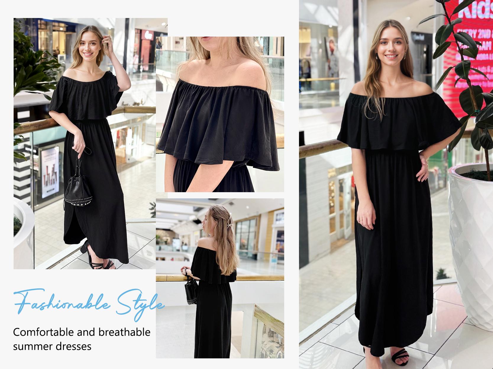 AUSELILY Womens Off The Shoulder Dress Wedding Guest Dress Summer Casual Long Ruffle Party Side Split Beach Maxi Dresses with Pockets SpringStatements