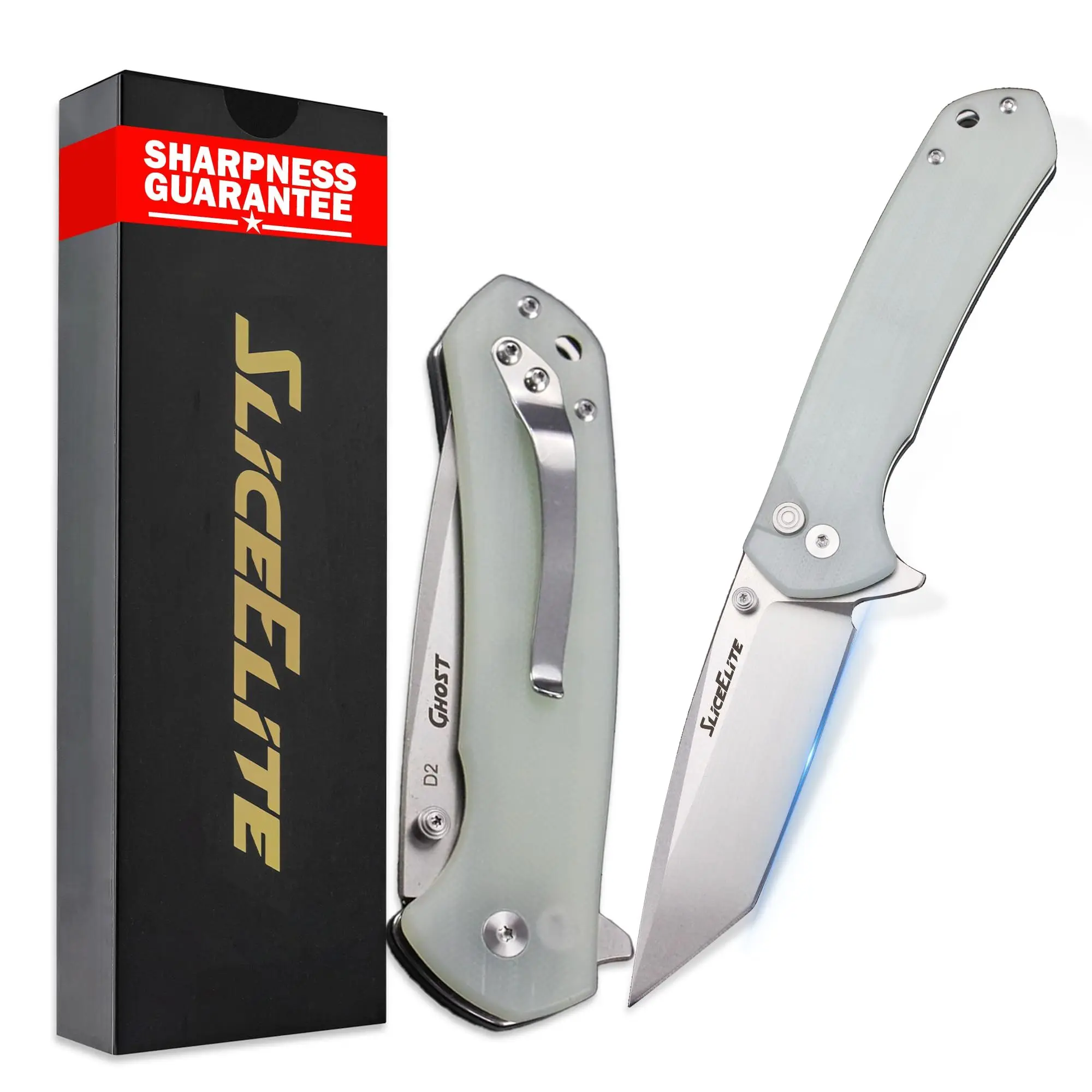 SliceElite Ghost EDC Knife 3.4 Inch D2 Steel Tanto Blade Translucent Green G10 Handle Button Lock Stainless Steel Pocket Clip Lightweight Compact Everyday Carry Knife