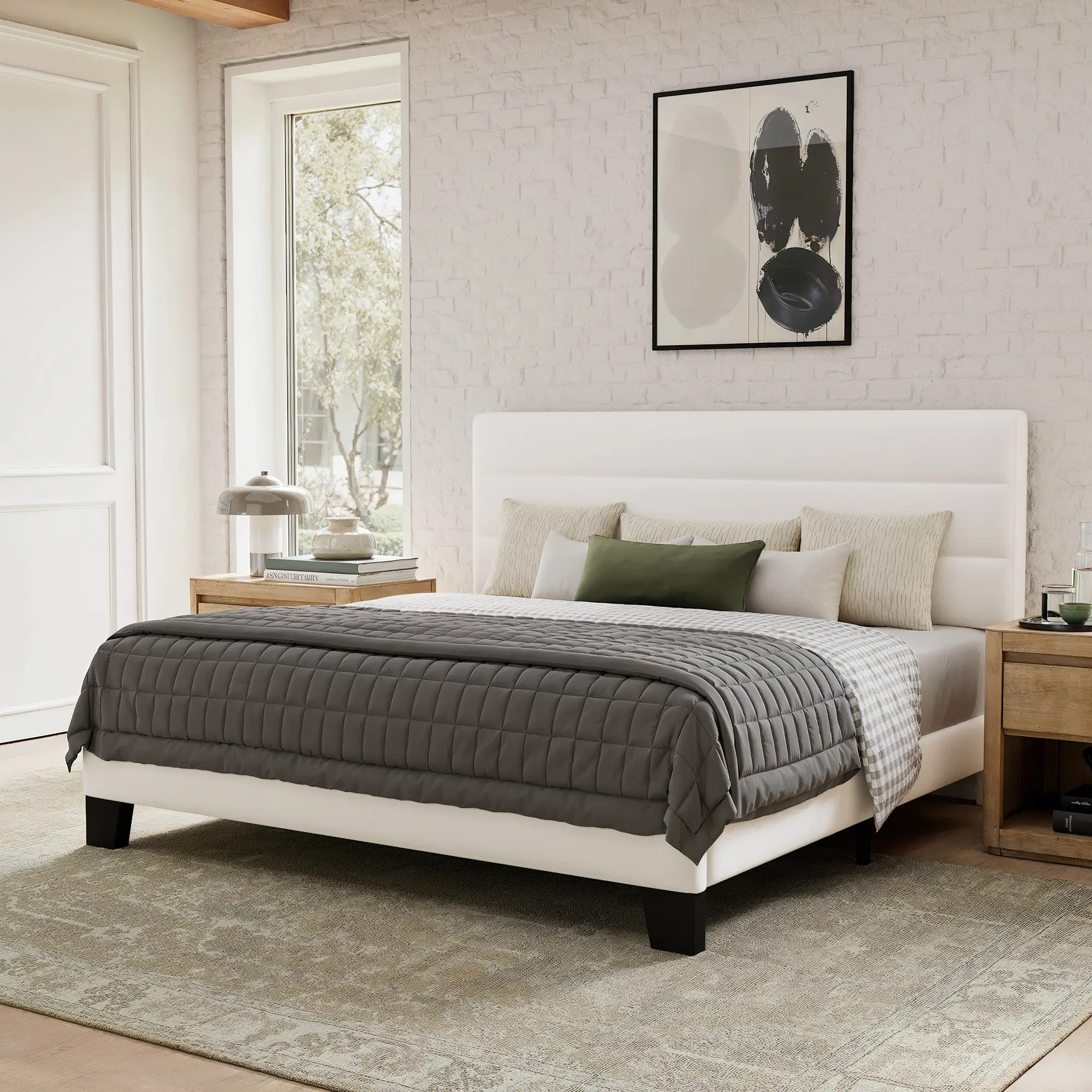 GOLDORO Platform Bed Frame with Upholstered Headboard, Wooden Slats Support, No Box Spring Needed, Easy Assembly, Sturdy Steel Bedframe