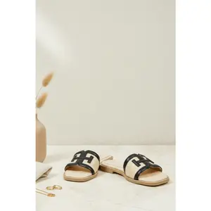 BOARDWALK BLACK AND RAFFIA LEATHER LINE DESIGN SLIP-ON SANDALS