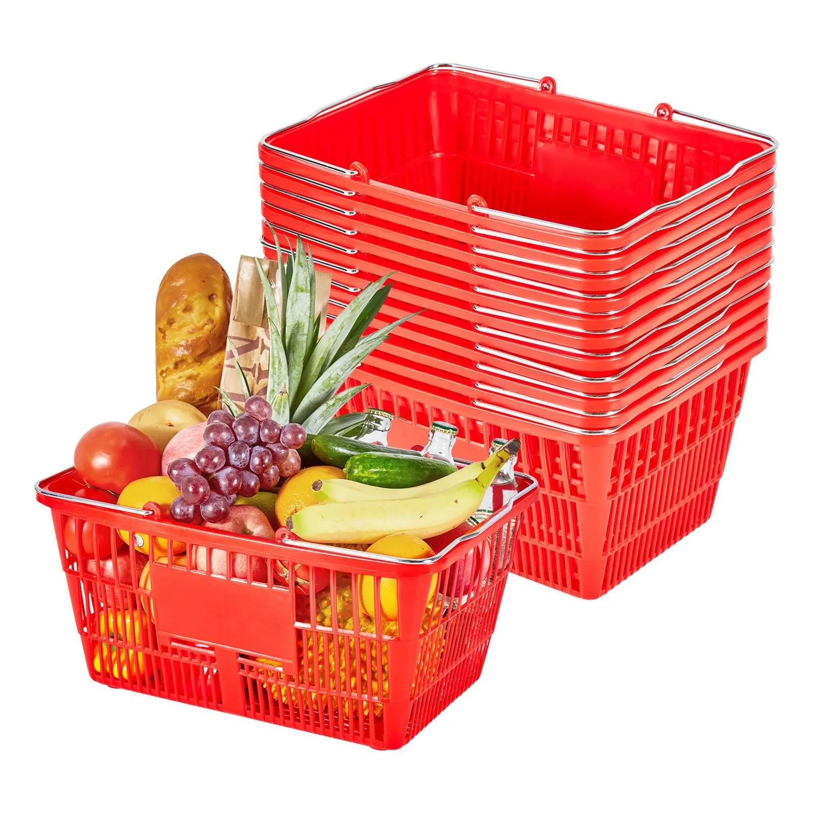 【SummerFinds】VEVOR Shopping Baskets, 12 PCS, 21L Stackable PE Plastic Grocery Baskets with Metal Handles, Dense Mesh Structure, Holds up to 20 lbs, Portable for Grocery, Retail, Stores, Supermarket, Home Use, Red