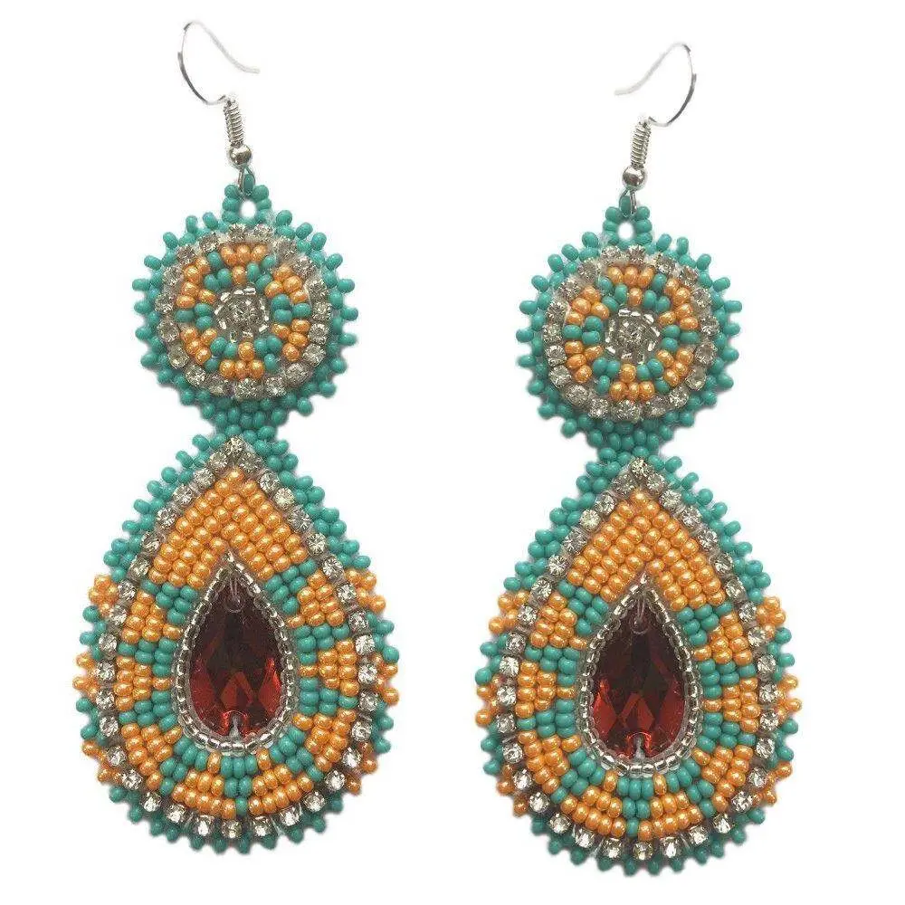 Handmade Beaded Teardrop Czech Earrings - 3.5 Inches Long, Peach Green