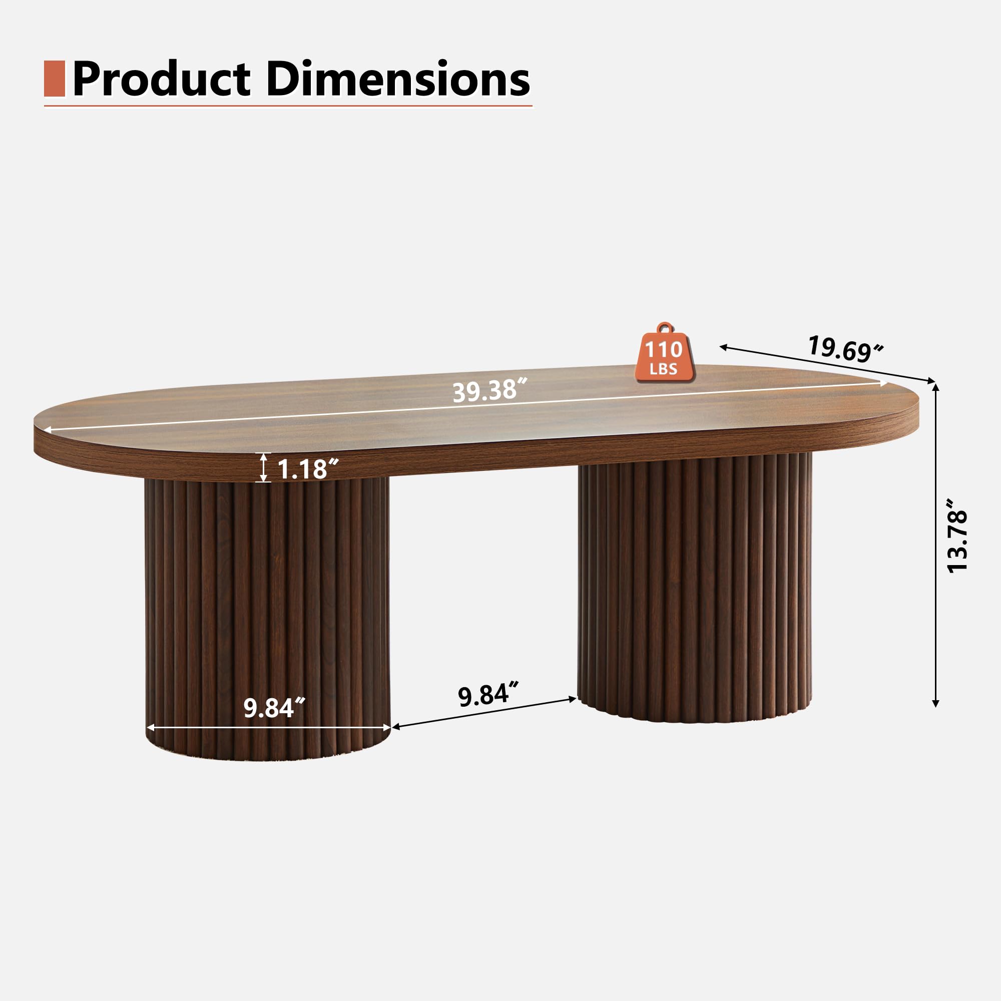 Giratree 39.38" Fluted Oval Coffee Table for Living Room, Boho Modern Coffee Table with Fluted Legs, Curved Round Wood Center Table for Home, Small Spaces, Office