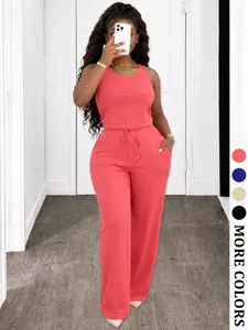 Women's Summer Two-Piece Lounge Set with Pockets, Sleeveless Top & Wide Leg Pants - Casual Vacation Outfit Clothes