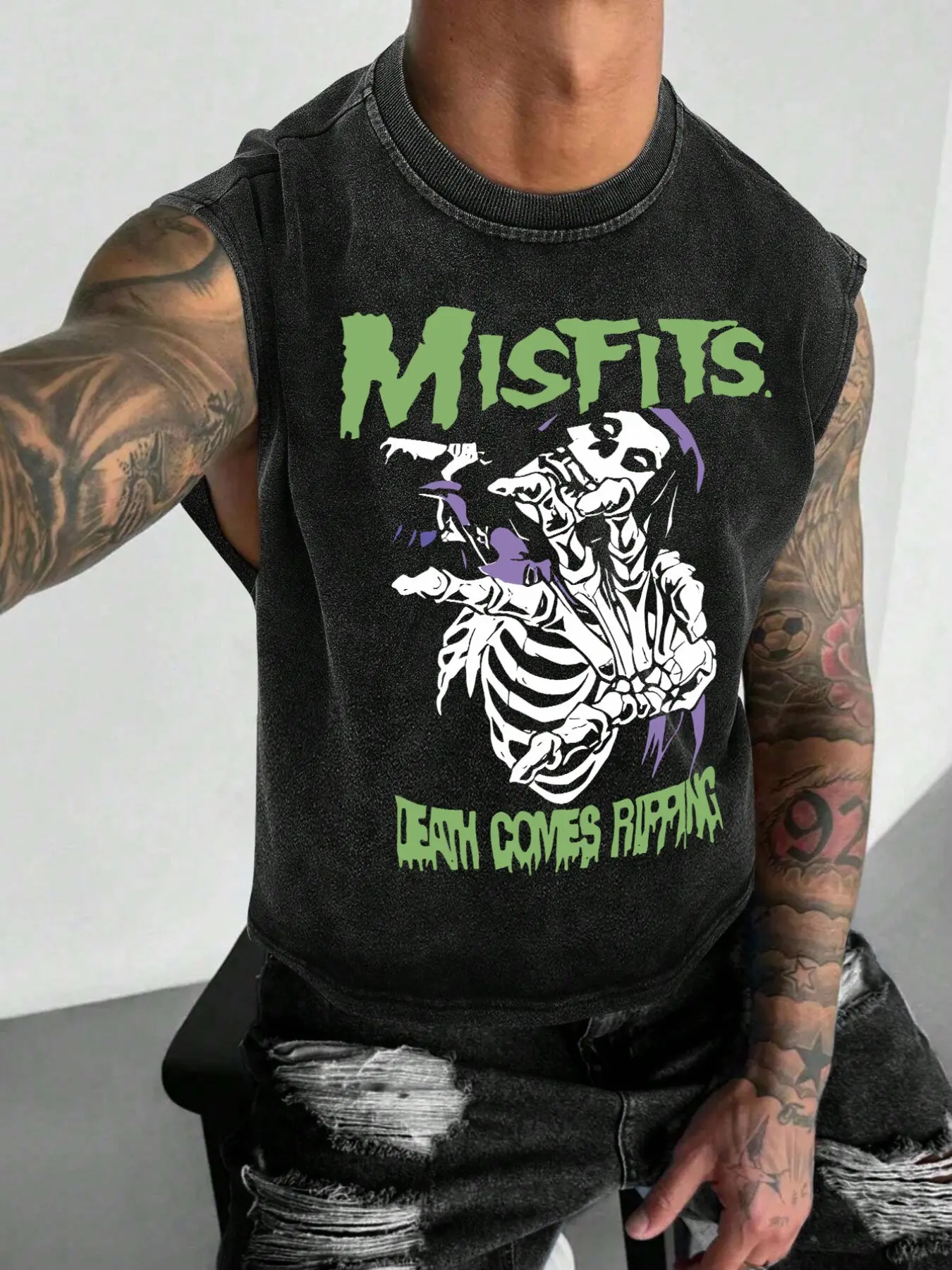 Misfits "Death Comes Ripping" Acid Wash Skeleton Graphic Sleeveless Tank Top | Punk Rock Streetwear Casual Muscle Shirt Washed Tank Top