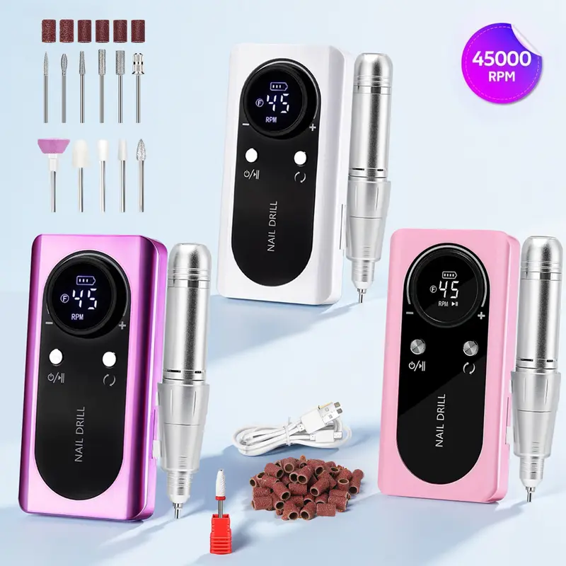 Wireless Nail Drill Kit with Handle - 0–45,000 RPM Adjustable Brushless Motor Rechargeable E-File, LCD Screen, 12 Drill Bits, 56 Sanding Bands, Belt Clip, Compact Multi-Pack for Salon/Home Nail Care