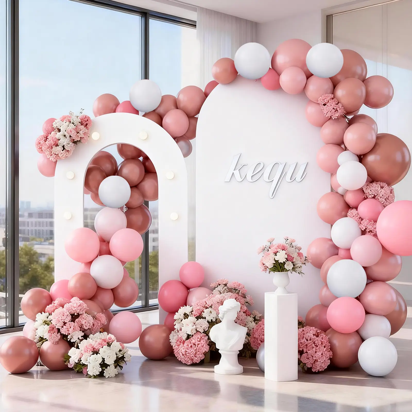 KEQU Party Packs Arch Backdrop Stand with Lights, Foam Board Balloon Arch Background Stand Frame for Kids Men Boys Birthday ,Christmas ,New Year, Wedding ,Baby Shower, Engagement ,Graduation Backdrop Party Decoration