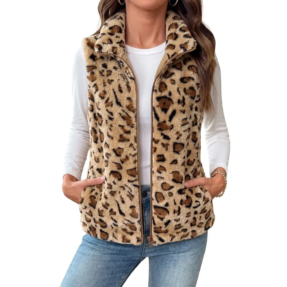 Dokotoo Women's Faux Fur Fleece Vest Zip-Up Sleeveless Stand Collar Lightweight Casual Leopard Print Autumn Winter