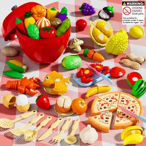 AIBEIQITOY Pretend Play Food Sets for Kids Kitchen, 44PCS Deluxe Kit with Velcro Crunch | New Pizza & Seafood | Apple Storage | ASTM/CPC/CPSIA Certified | Ages 3+