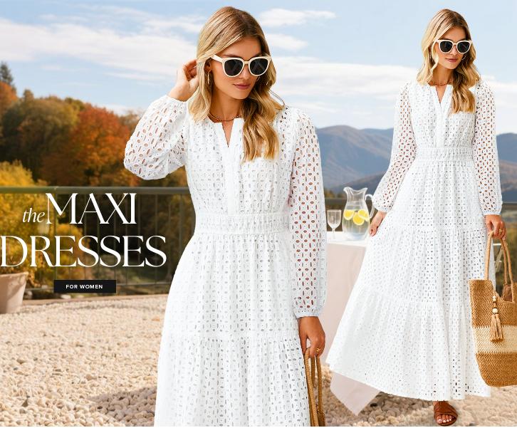 ZESICA Women's 2026 Fall Long Sleeve Maxi Dress V Neck Hollow Out Eyelet A Line Long Flowy Casual Party Dresses