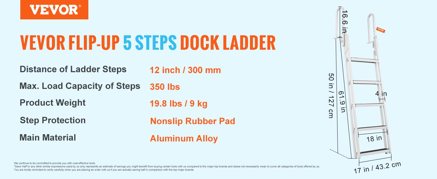 VEVOR Dock Ladder Flip Up 5 Steps,  350lbs Load Capacity, Aluminum Pontoon Boat Ladder with 4" Wide Step & Nonslip Rubber Mat,Swimm Step Ladder for Ship/Lake/Pool/Marine Boarding