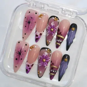 Violeta Set - Long Stiletto Purple White & Nude Nails with 3D Designs Gold Accents Pearls Handcrafted Eco Friendly Reusable Vegan Cruelty Free Studded Rhinestone